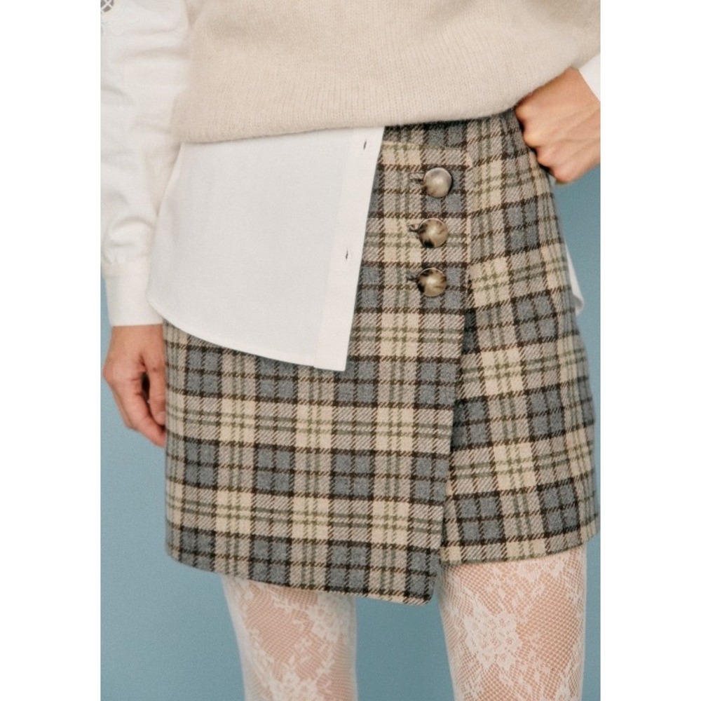 NWT Sezane Peter Skirt in Blue and Brown Check Size 12 Preppy Academia Old Money